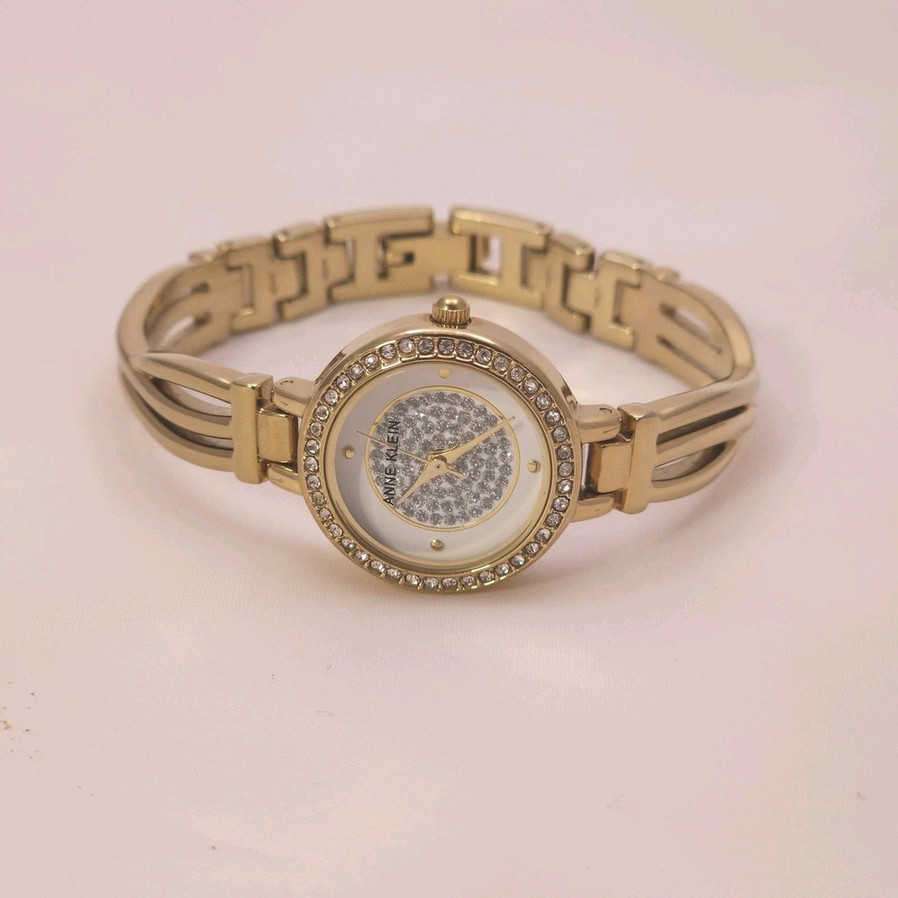 Vintage Anne Klein Women's Premium Gold Tone Crystal Accented Bangle Watch